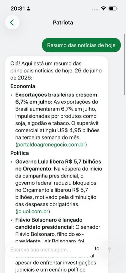 Tela do chat do app respondendo com o resumo das notícias do dia