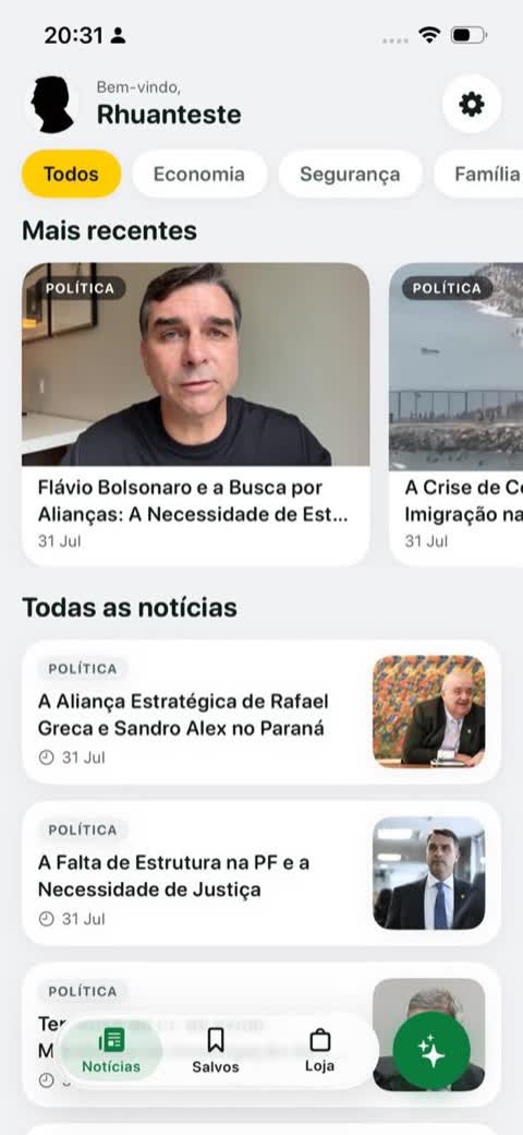 Tela do app com a lista de notícias e os filtros por assunto