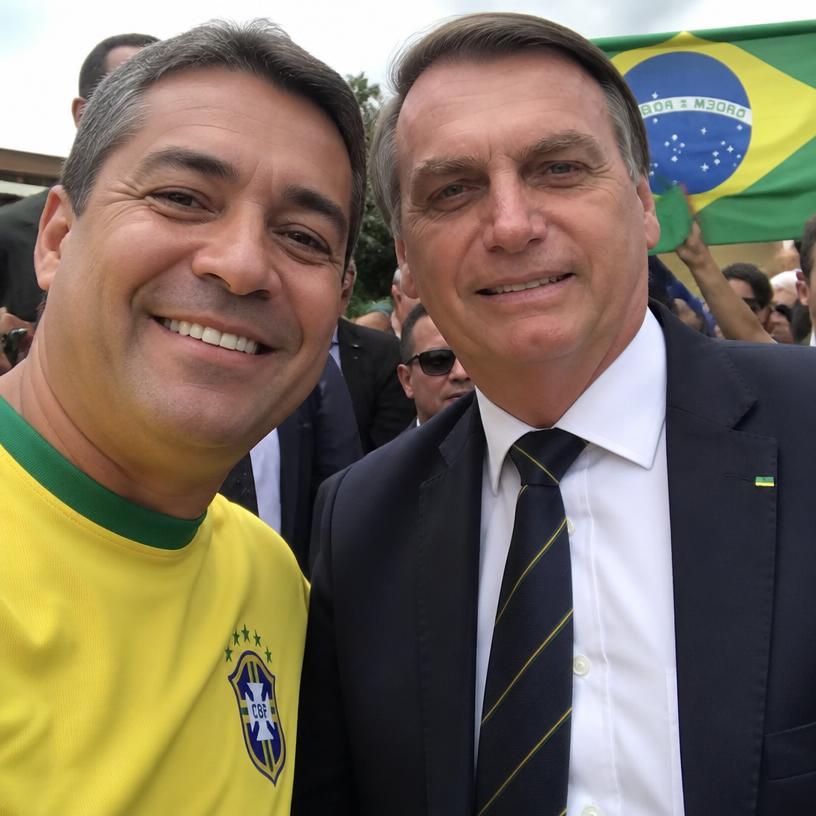 Exemplo de montagem: patriota tirando selfie com o Presidente Bolsonaro