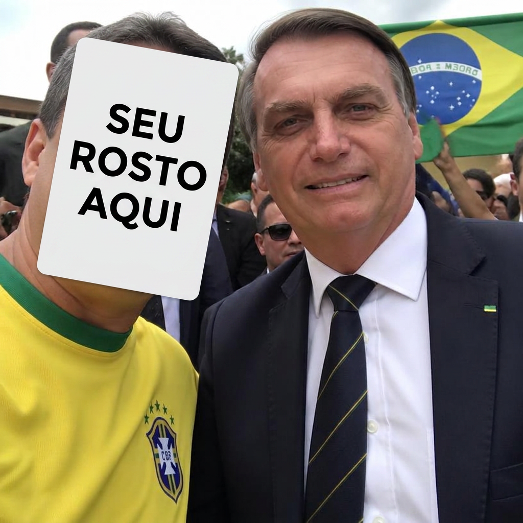 Exemplo de montagem: o rosto do patriota é substituído pelo marcador SEU ROSTO AQUI ao lado do Presidente Bolsonaro