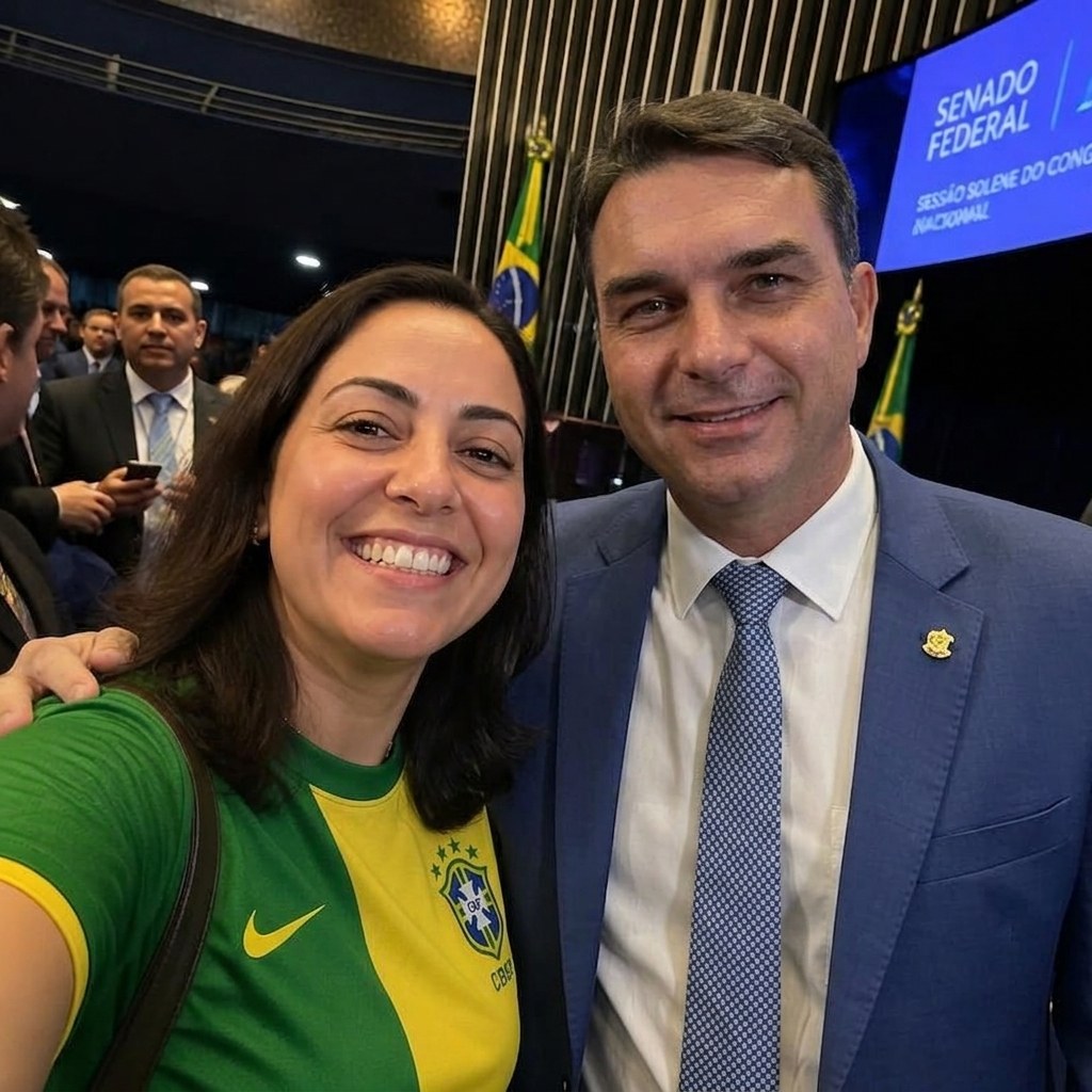 Exemplo de montagem: patriota tirando selfie com Flávio Bolsonaro
